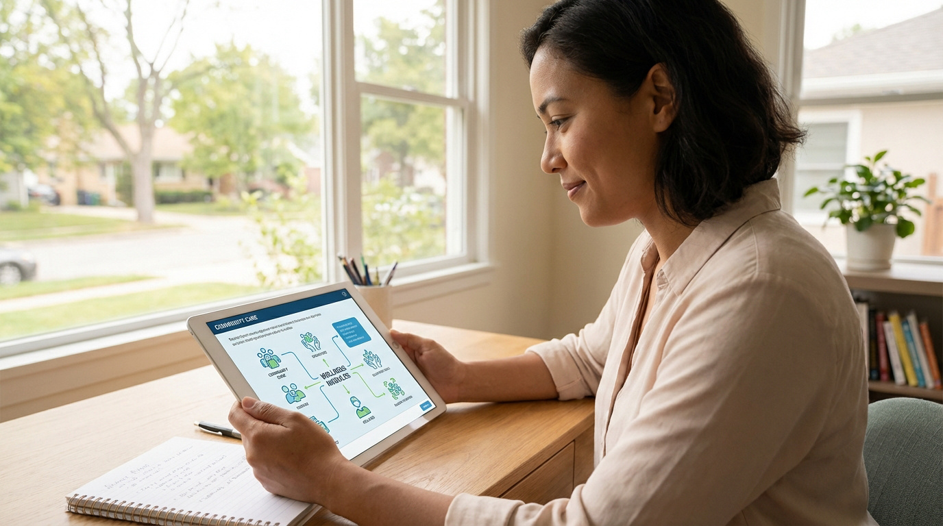 Femme apprenant en ligne sur une tablette pour devenir auxiliaire de vie, avec un cahier, depuis un bureau à domicile.