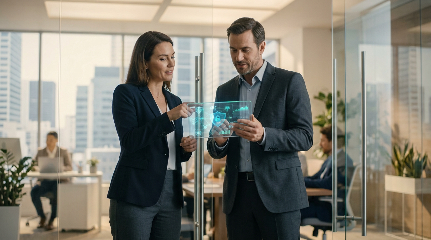 Deux professionnels examinent une tablette holographique avec icônes de sécurité et données, dans un bureau moderne et lumineux.