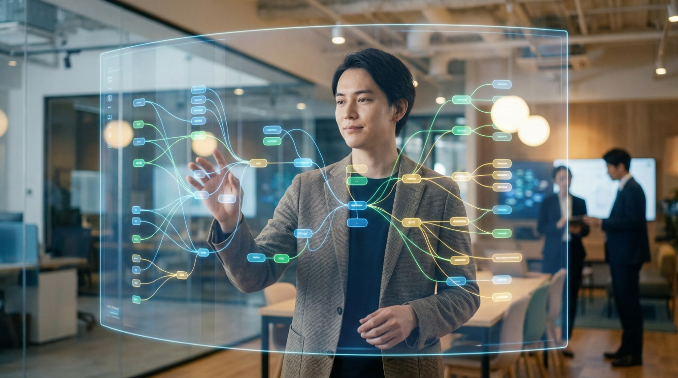 Un homme manipule un écran holographique affichant un diagramme de catégories d'emploi 2026 dans un bureau moderne.