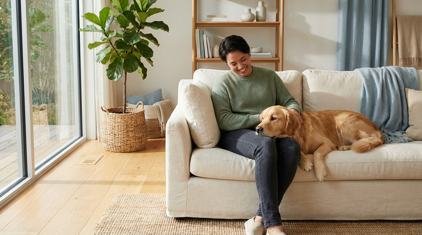 Personne caressant son chien golden retriever sur un canapé beige dans un salon lumineux. Le chien a la tête sur ses genoux.