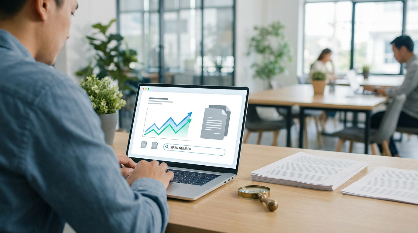 Homme tapant sur un laptop affichant un graphique de croissance, des documents et une barre de recherche "SIREN NUMBER" dans un bureau.