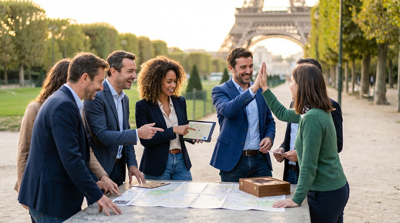 Équipe souriante en team building à Paris, consultant cartes et tablette. Un homme et une femme se donnent un high-five devant la Tour Eiffel.