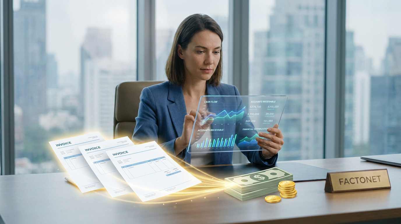 Femme d'affaires utilise une tablette affichant des données financières. Factures, argent et panneau Factonet sur le bureau.