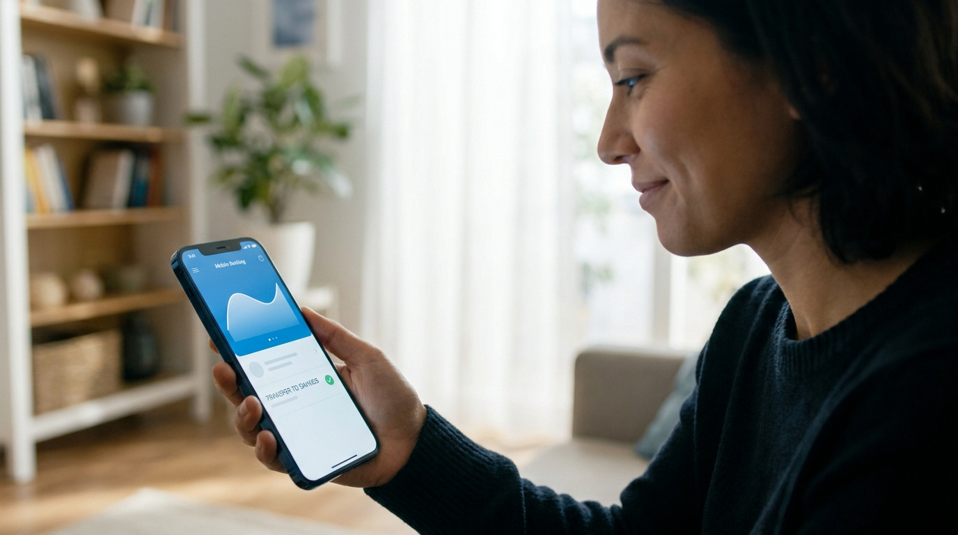 Femme souriante consulte son application de banque mobile sur smartphone. L'écran affiche une option de virement. Intérieur lumineux.