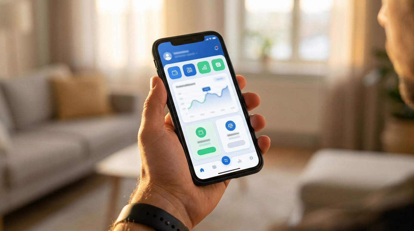 Main tenant un smartphone affichant une application de gestion de compte avec graphiques et icônes dans un intérieur lumineux.