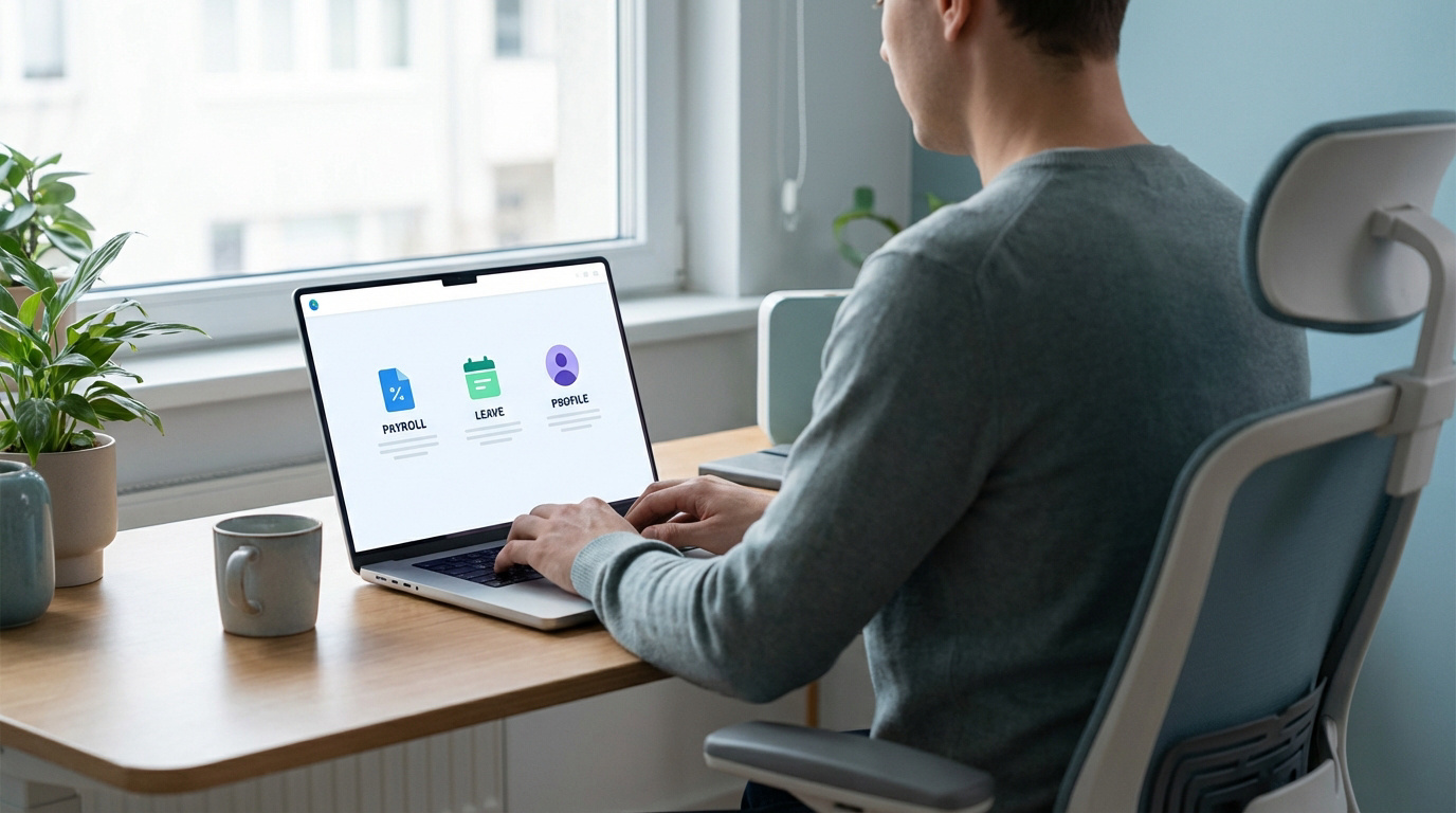 Un homme utilise un ordinateur portable affichant les modules Paie, Congés et Profil d'un portail RH. Scène de bureau lumineuse.