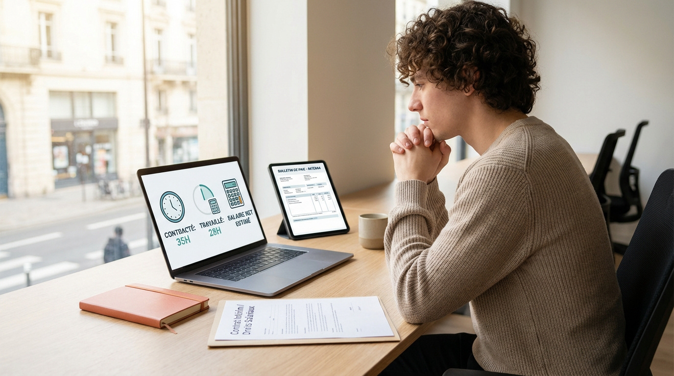 Jeune homme pensif devant un ordinateur affichant heures travaillées (28h vs 35h) et un bulletin de paie sur tablette.