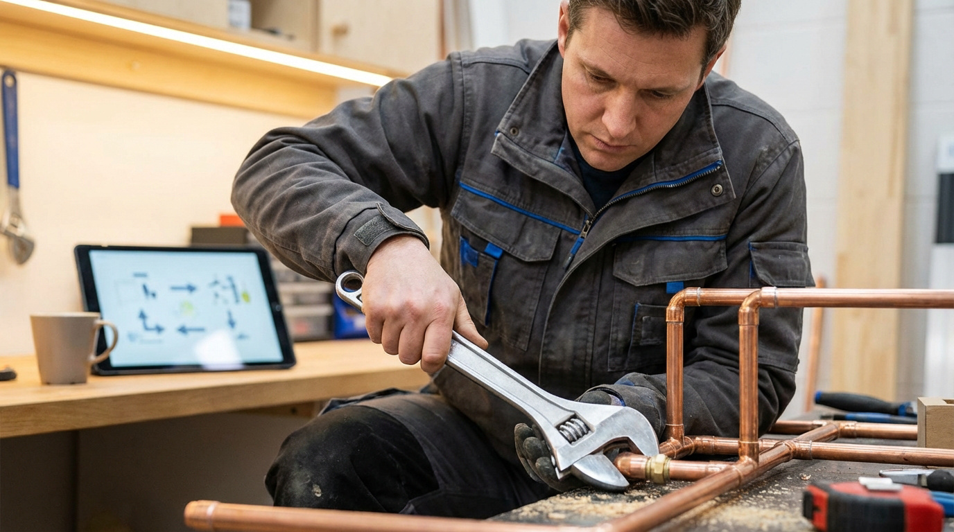 Un homme en salopette serre un raccord de tuyauterie en cuivre avec une clé, un schéma technique sur tablette à l'arrière-plan.