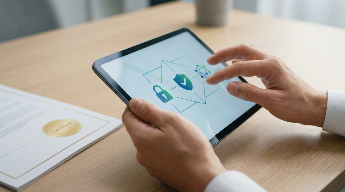 Mains tenant une tablette affichant des icônes de sécurité (cadenas, bouclier) près d'un document 'Certified' pour les virements.