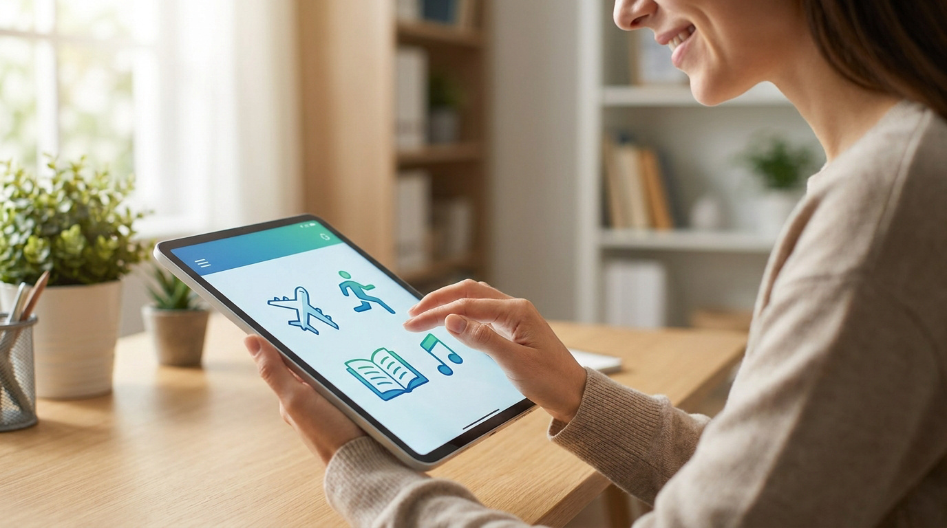 Femme souriante utilisant une tablette pour naviguer parmi des icônes d'avantages (voyages, sport, culture). Représente les services du CSE Natixis.