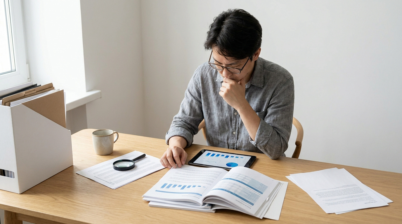 Un homme concentré consulte des documents financiers et un graphique sur tablette pour analyser ses investissements.