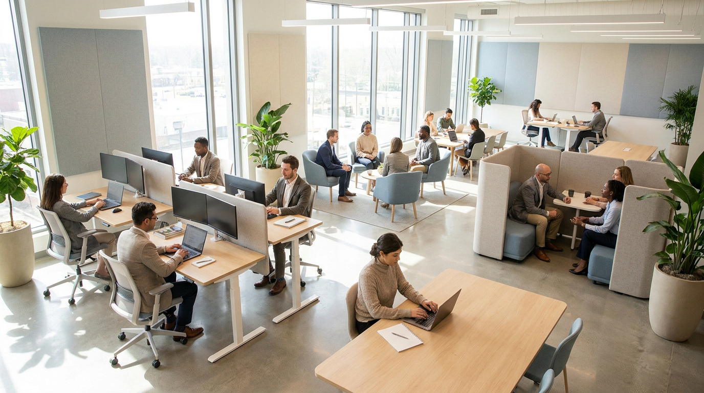 Vue plongeante sur un bureau moderne et lumineux où des employés travaillent de manière individuelle ou en petits groupes.