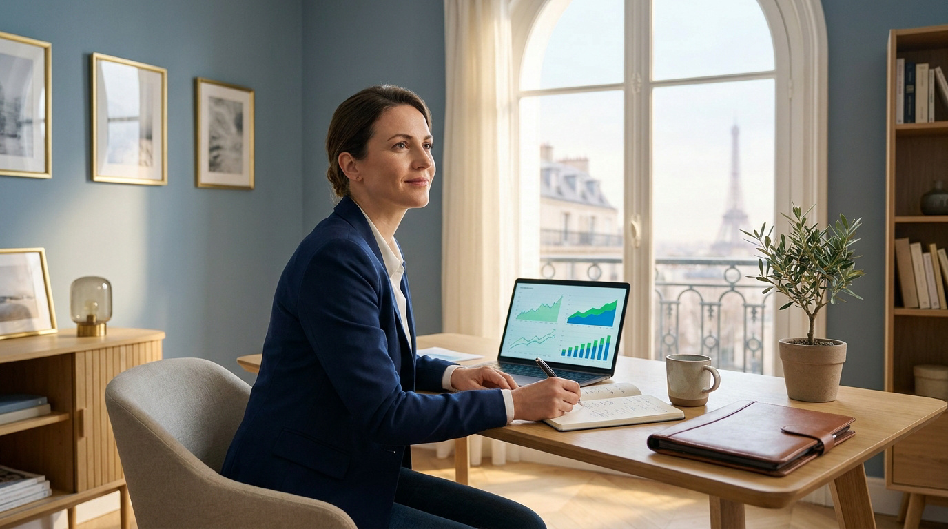 Femme freelance travaillant sur ses finances à Paris, un ordinateur portable affichant des graphiques et la Tour Eiffel en arrière-plan.