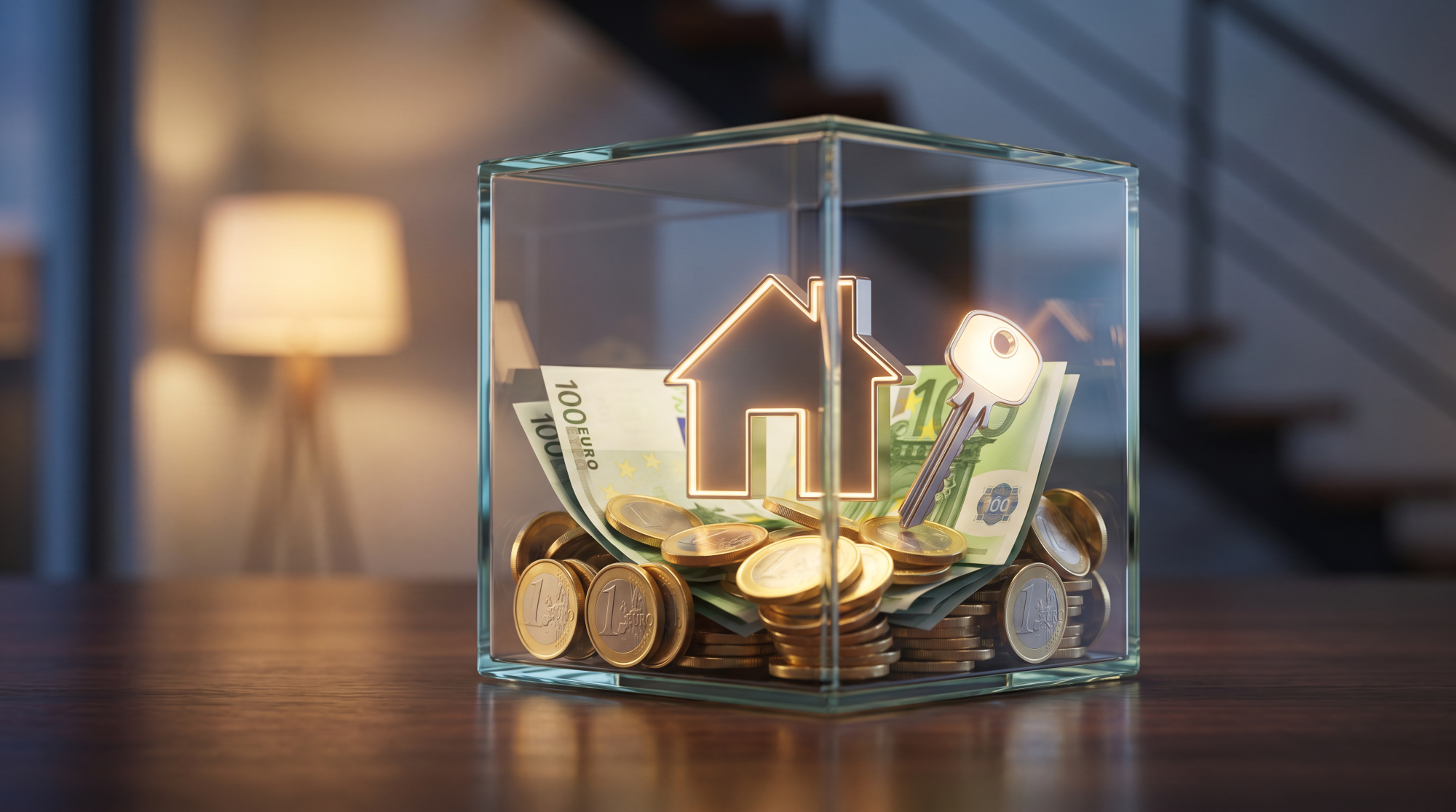 Boîte en verre avec billets et pièces en euros, une icône de maison lumineuse et une clé, symbolisant l'épargne pour l'achat immobilier.