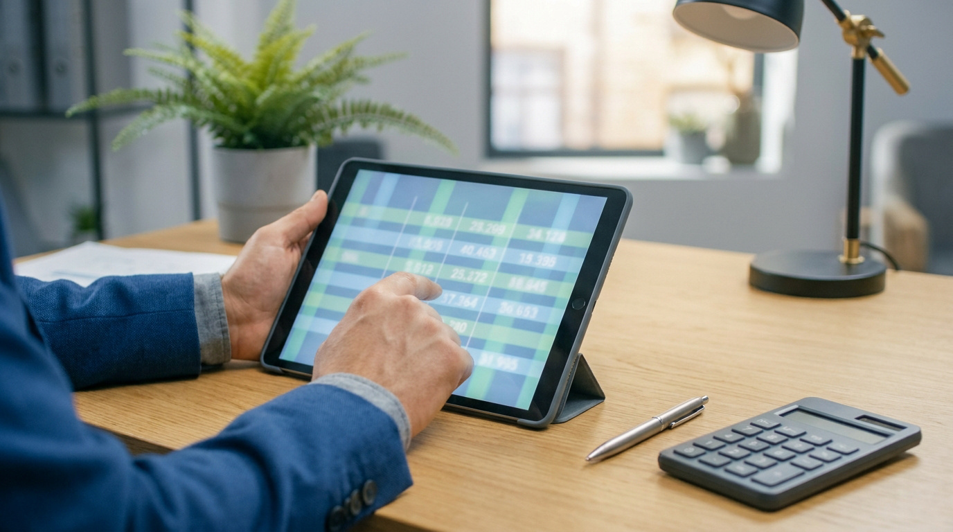 Un professionnel en costume utilise une tablette numérique pour analyser des données financières sur un bureau.