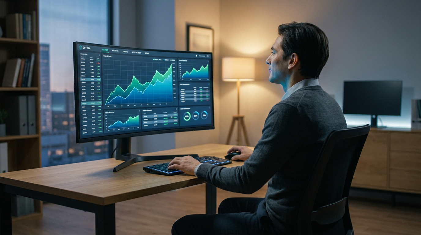 Un trader analysant des graphiques financiers en temps réel sur un écran incurvé dans un bureau moderne.