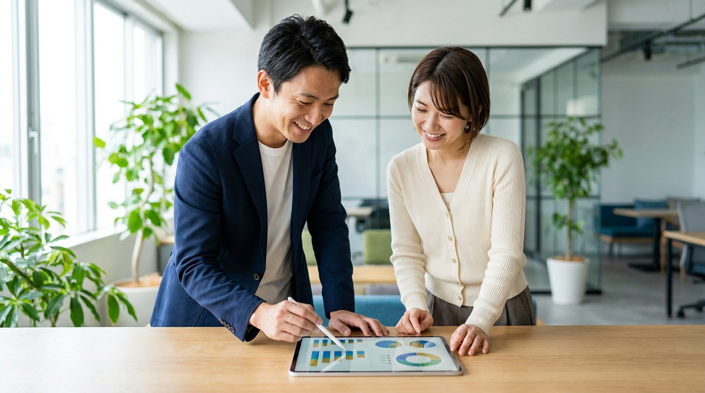 Deux collègues souriants analysent des données graphiques sur une tablette numérique dans un bureau moderne.