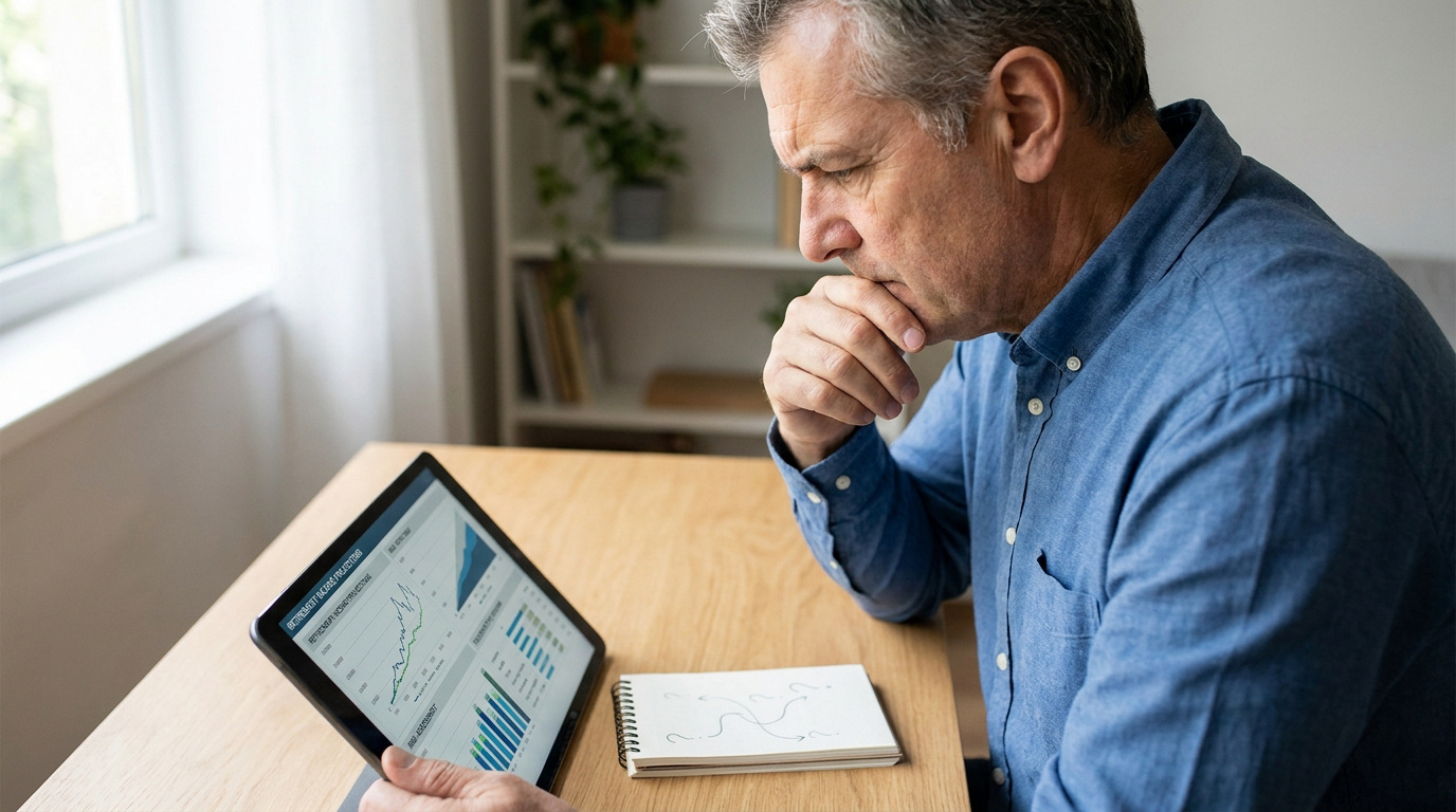 Homme d'âge mûr réfléchissant devant une tablette affichant des graphiques financiers.