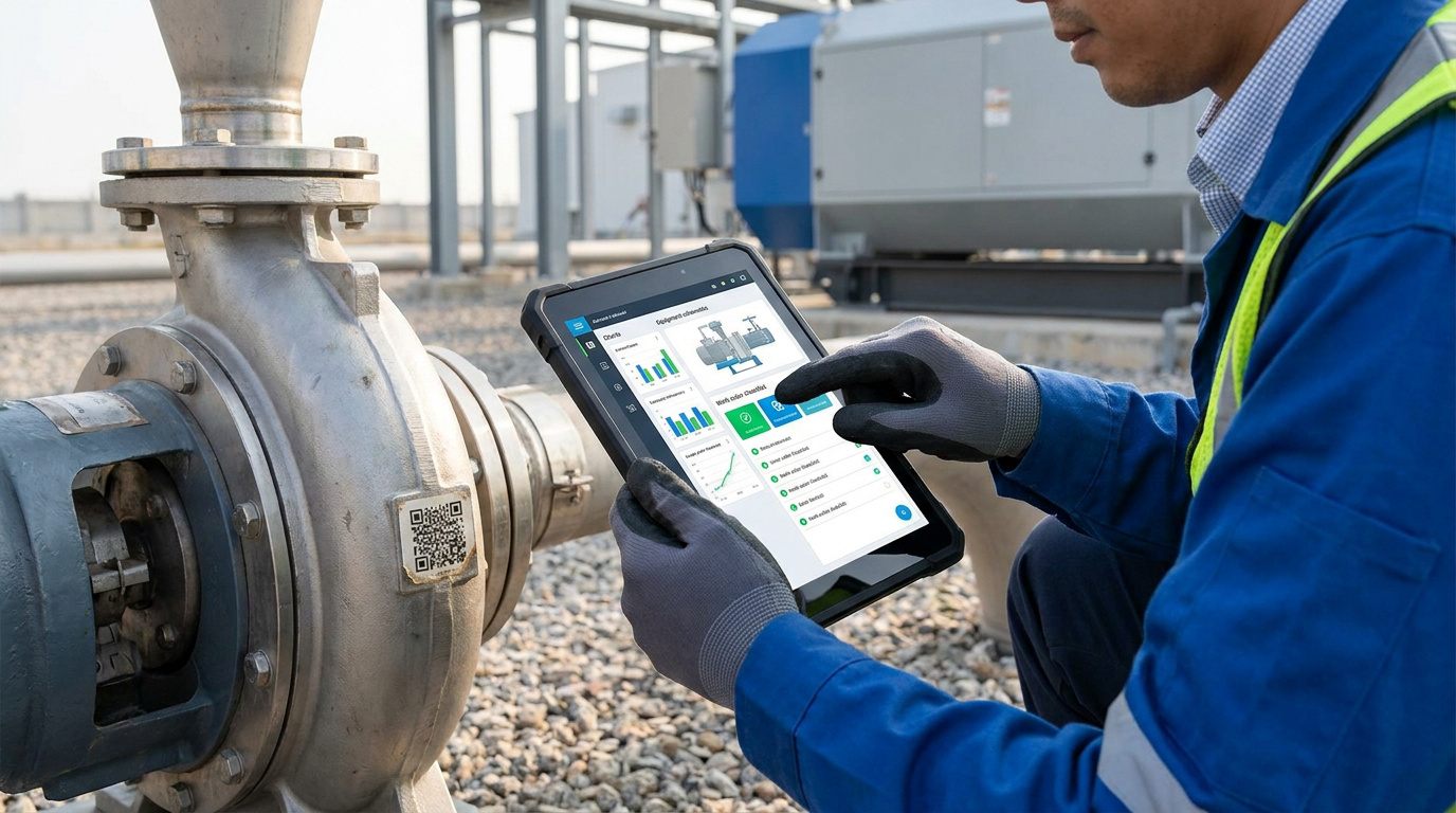Technicien utilisant une tablette numérique pour inspecter une pompe industrielle avec un QR code.